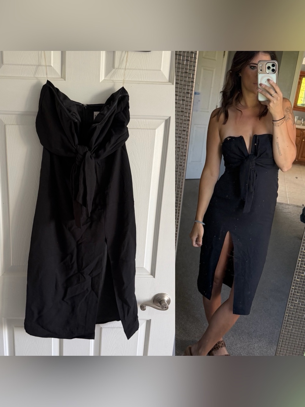 SNDYS Strapless Black Tie-Front Midi Dress